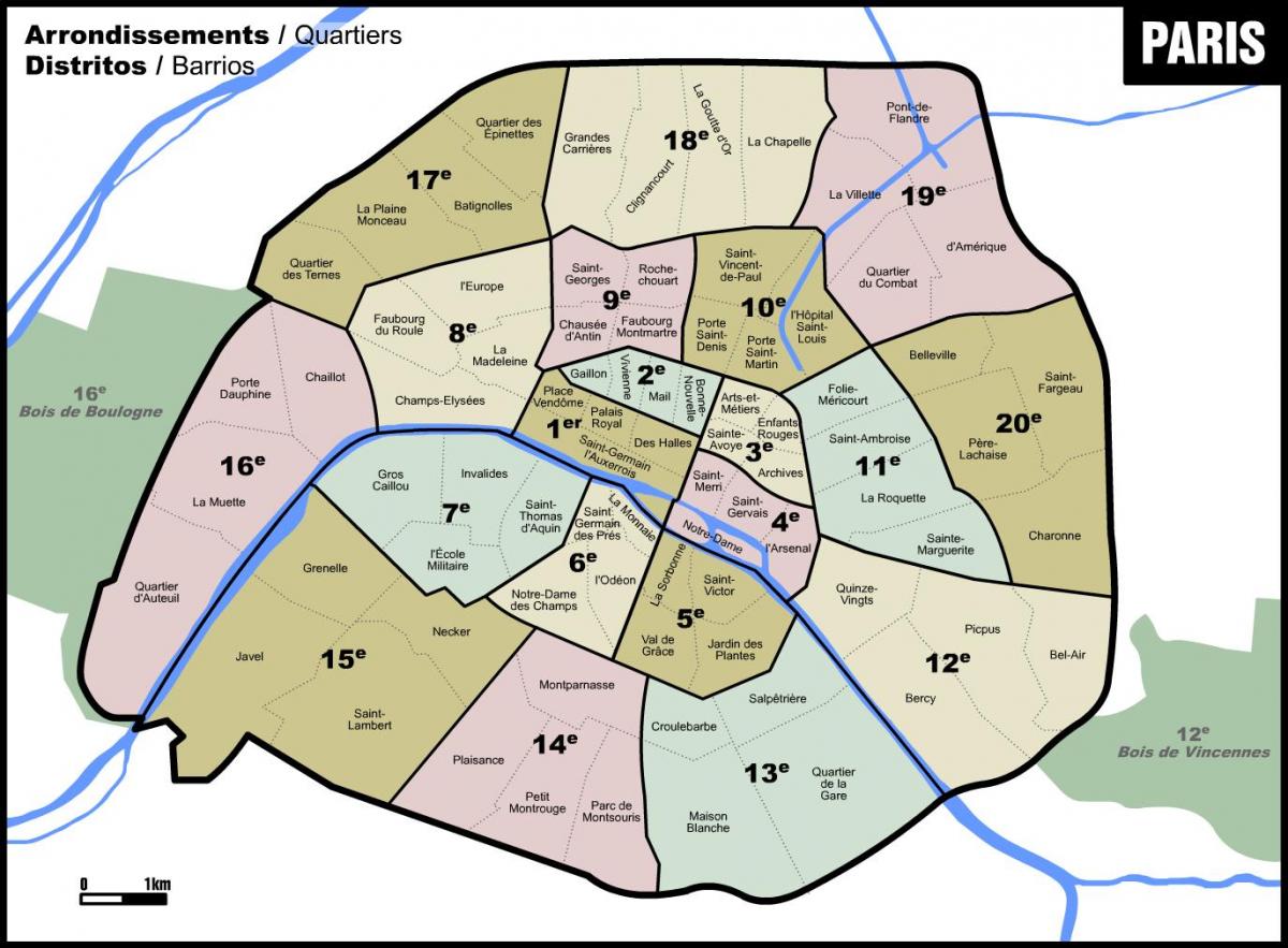 Kart over Paris nabolag