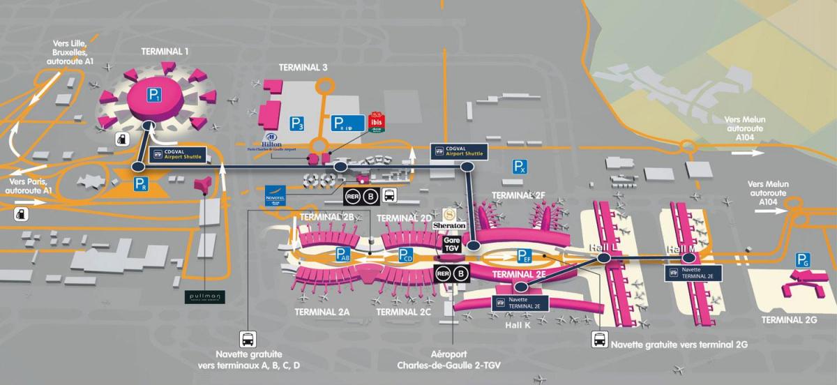 Kart over Roissy flyplass
