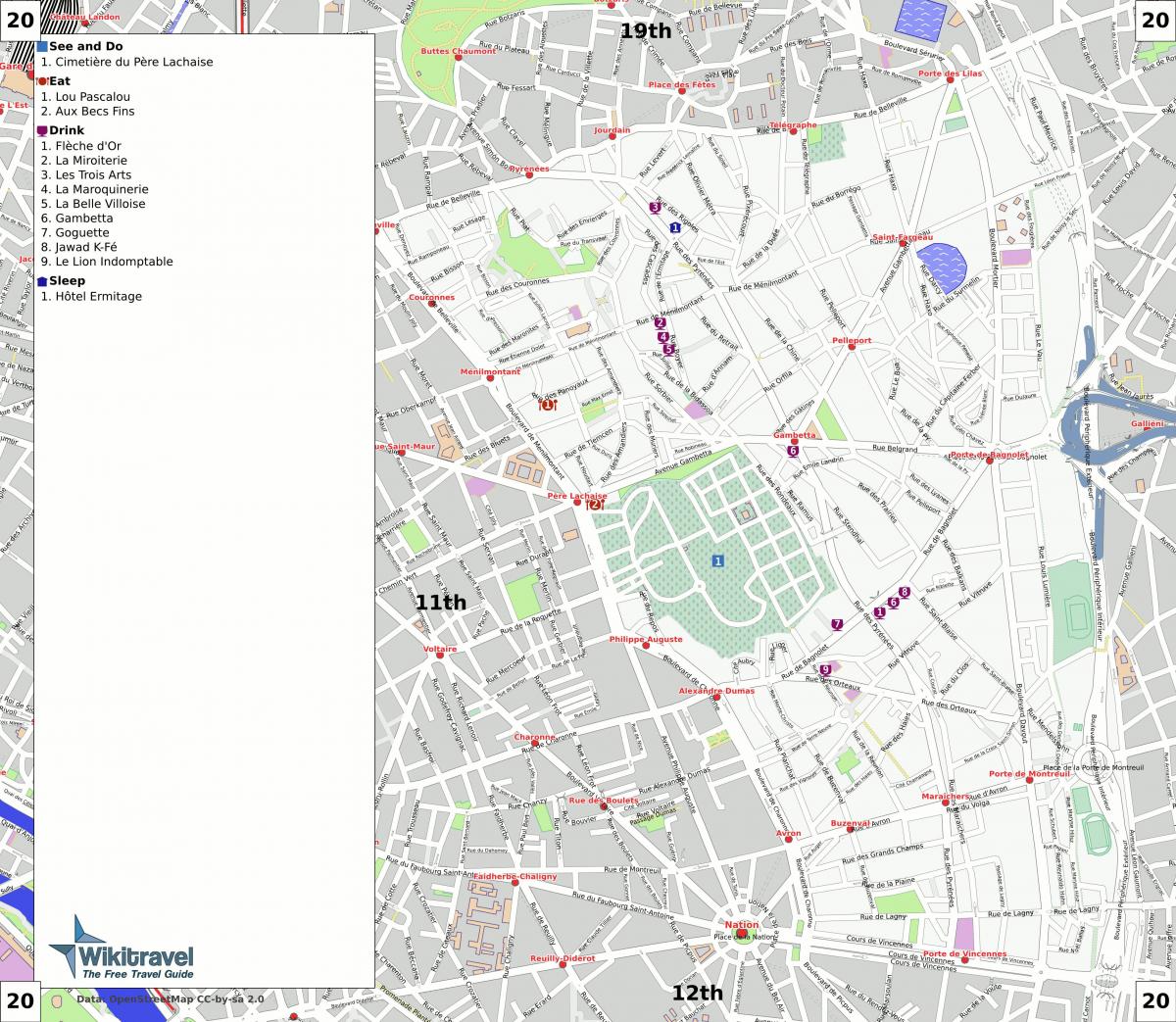 Kart av 20. arrondissement i Paris