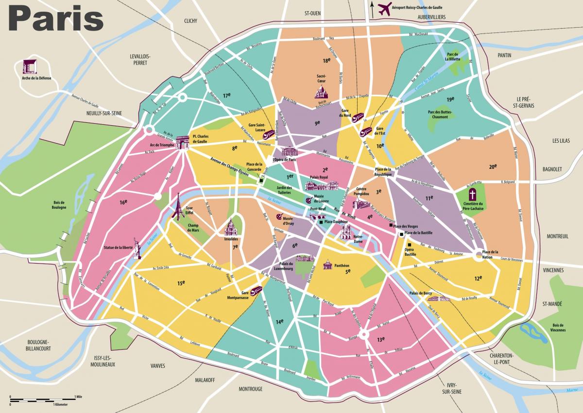 Kart over attraksjoner i Paris