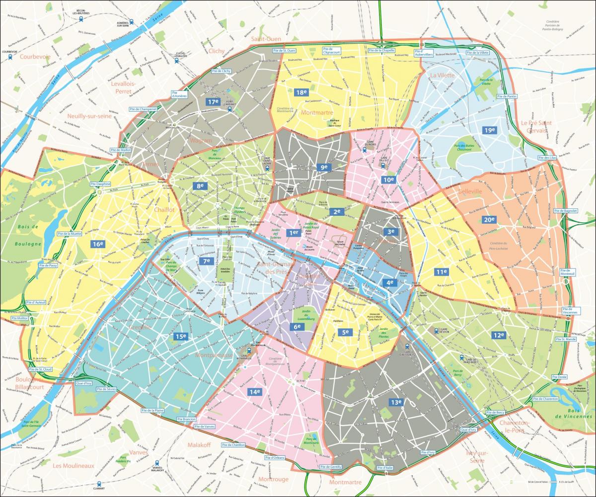 Kart av distriktene i Paris