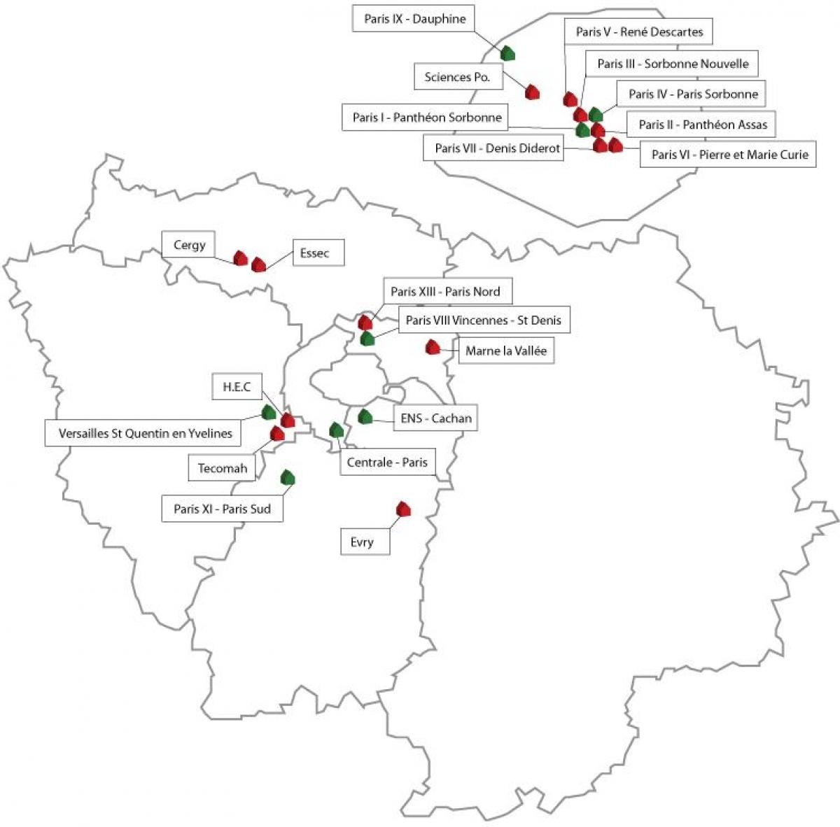 Kart over Paris universiteter